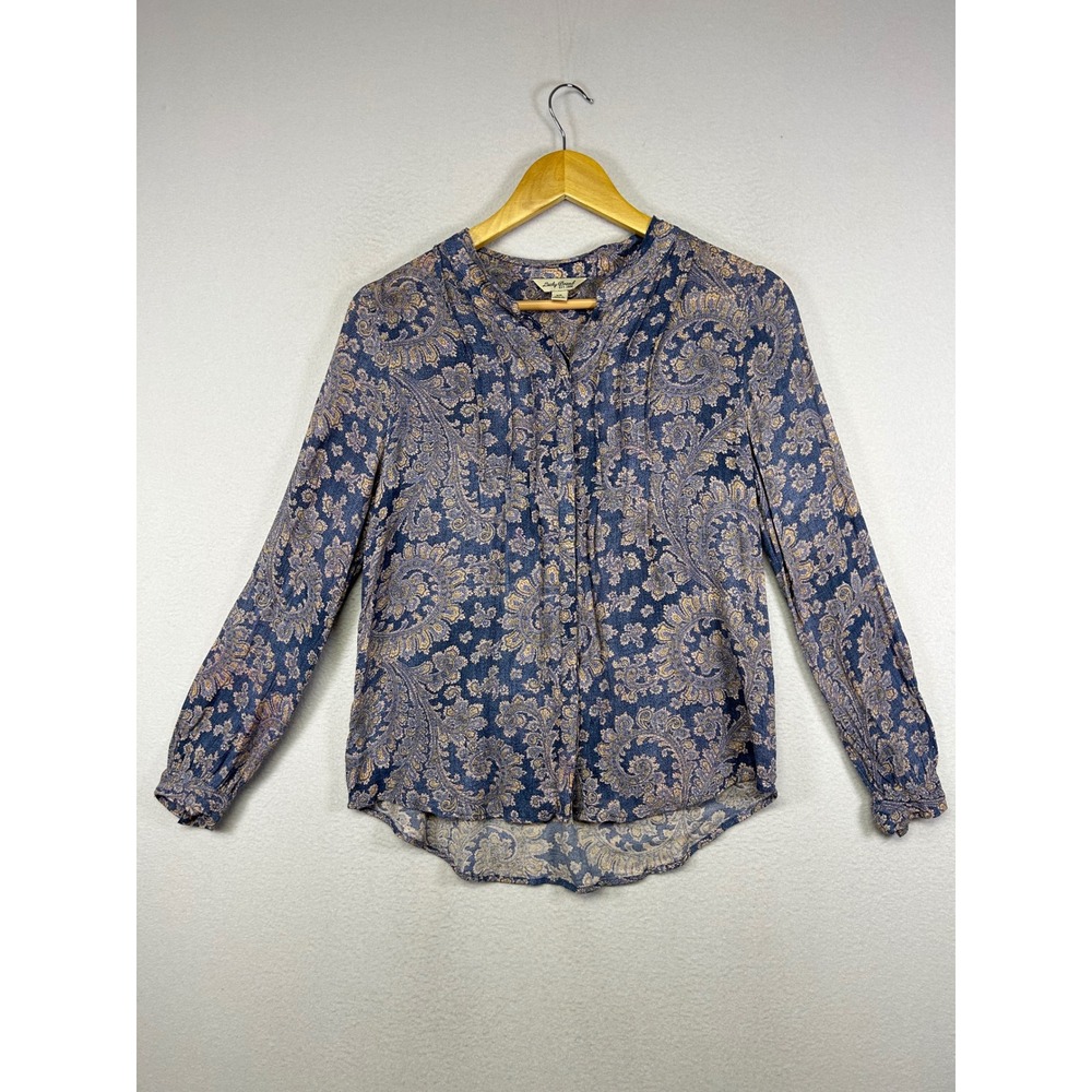 Boho Lucky Brand Womens XS Blue Paisley Split Neck Long‎ Sleeve Button Blouse